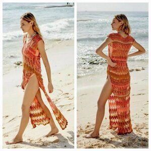 Free People Into The Flames Crochet Maxi Tunic Dress Cover-up Size M/L EUC